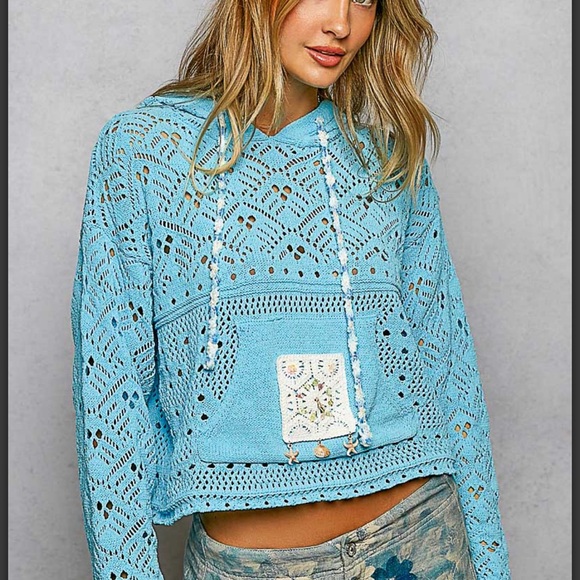 POL. Aqua Crochet Hooded Sweater - Picture 2 of 6